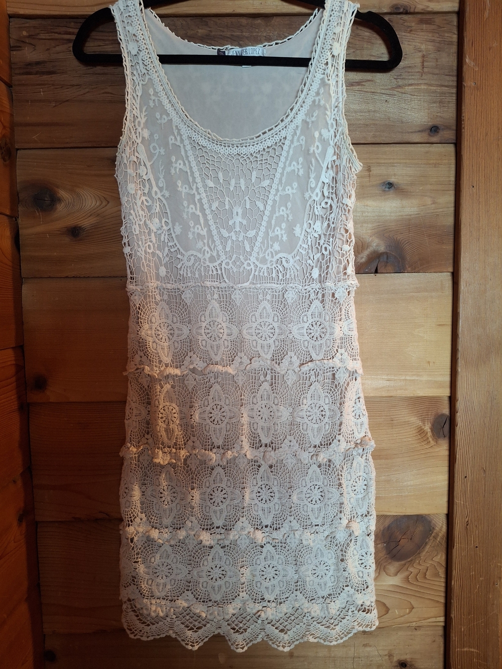 Jennifer Lopez Cream Lace Midi Dress with Floral Crochet